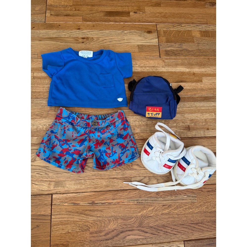 Build a Bear Workshop Outfit Blue‎ Shirt Camo Shorts Backpack Shoes